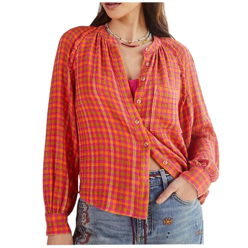 💫$10 SALE💫Anthropologie Pilcro Breezy Buttondown in pink & orange checked - Picture 1 of 8